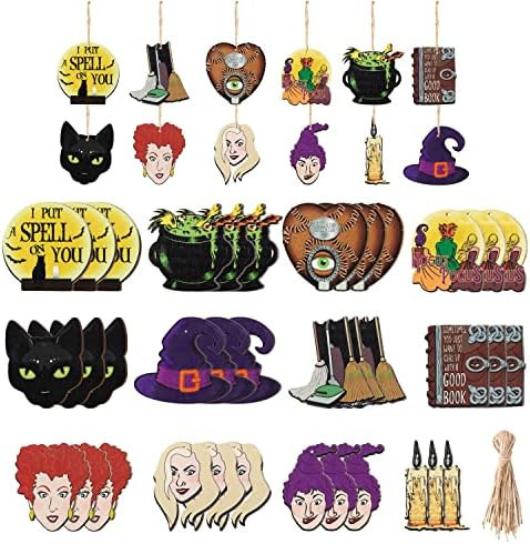 AccontOche 36Pcs Halloween Witch Character Wooden Hanging Ornament Set Witch Candle Purple Hat I ... | Amazon (US)