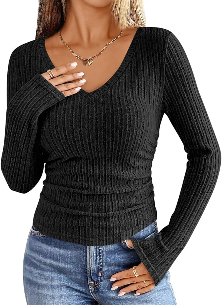ANRABESS Womens Long Sleeve Shirts V Neck Ribbed Knit Slim Fit Lightweight Sweater 2025 Fall Dres... | Amazon (US)