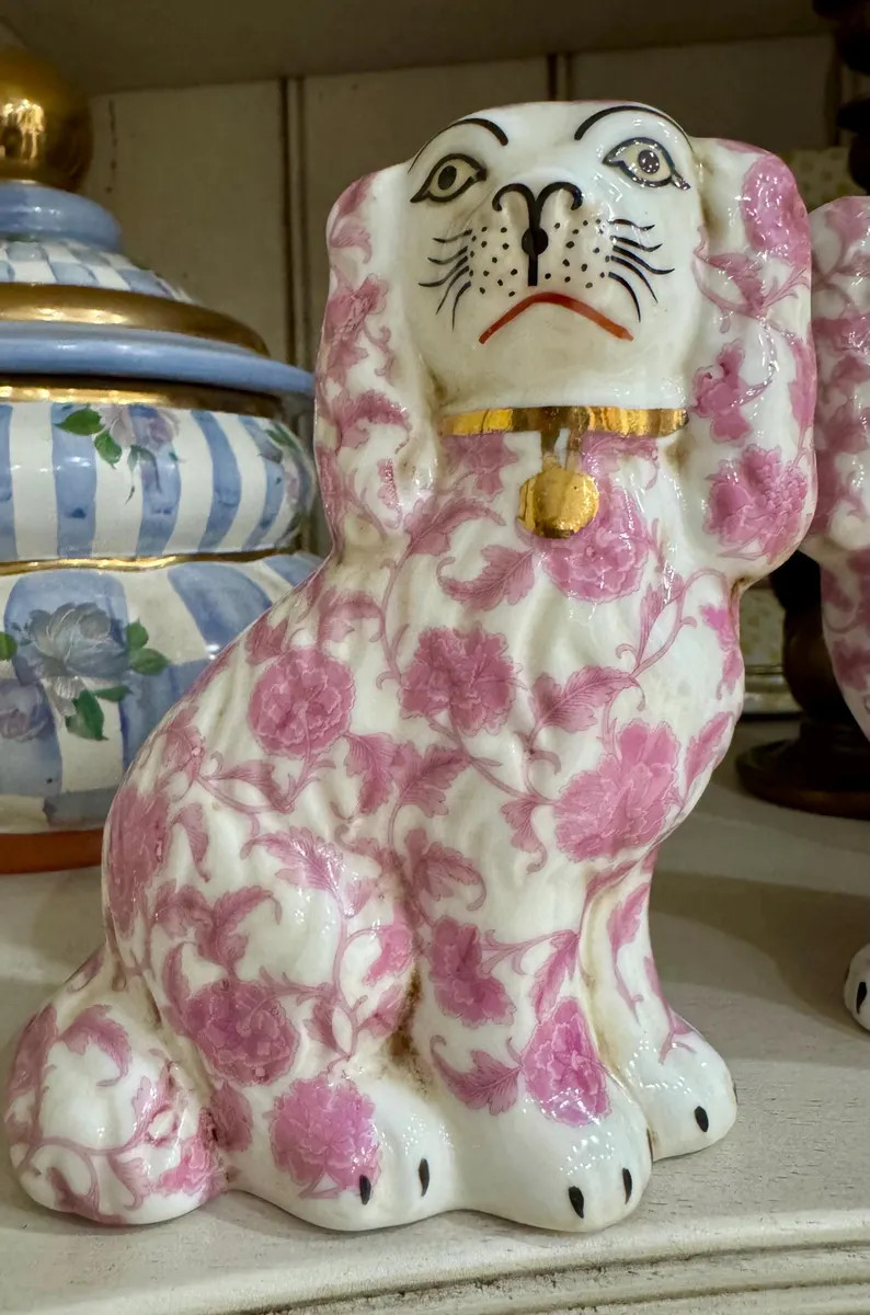 Pink Staffordshire  Dogs Pair Hand Painted Vintage Chinoserie Decorative Dogs RARE | Etsy (US)
