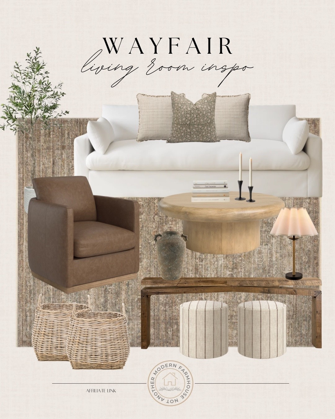 Wayfair living room refresh. 🌿 Warm textures, timeless neutrals and cozy pieces for a relaxed, elevated space.

Wayfair furniture finds, linen sofa couch, round wood coffee table, brown accent chair, woven storage baskets, striped pouf ottoman, rustic bench console, ceramic table lamp, neutral throw pillows, vintage area rug, modern farmhouse decor, organic textures, cozy family room, designer look for less. 

 

#LTKHome #LTKSaleAlert