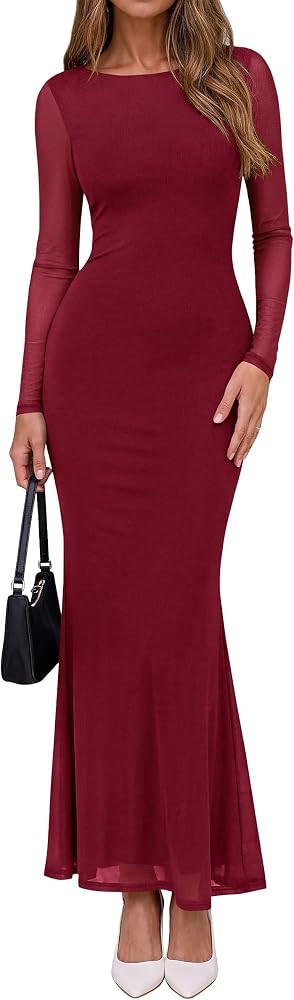 PRETTYGARDEN Women's Mesh Long Sleeve Maxi Dress Fall Wedding Guest Dresses | Amazon (US)