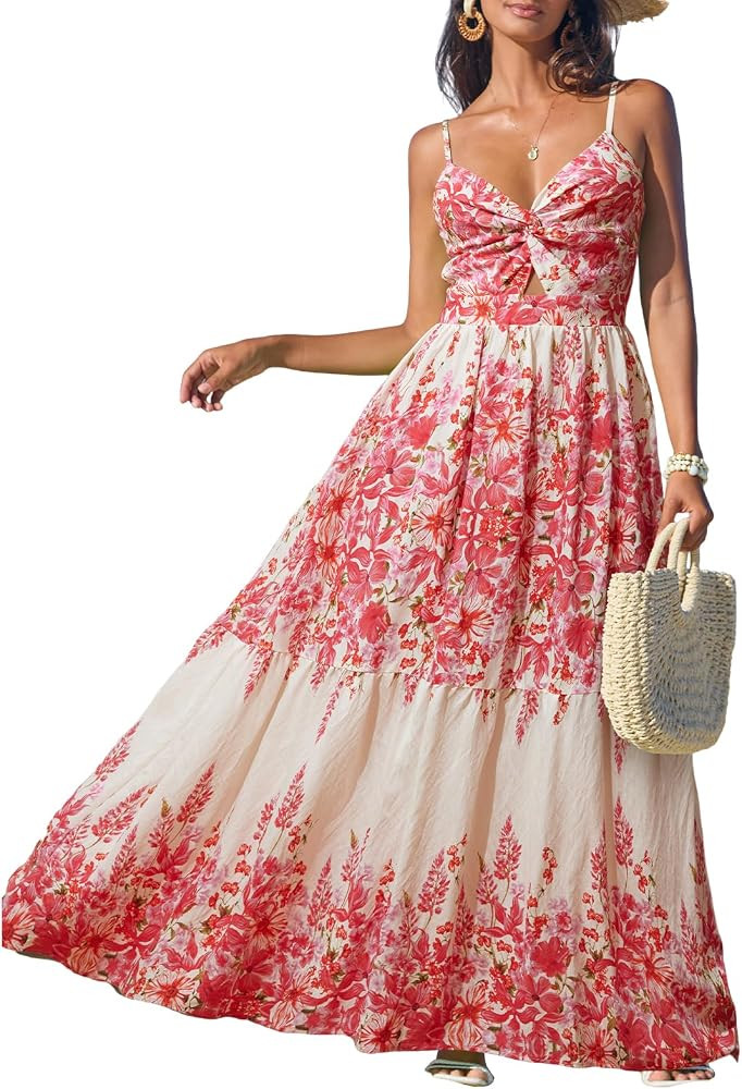 CUPSHE Women's Maxi Dresses Floral Twisted V Neck Sleeveless Formal Ruffled Casual Long Summer Dr... | Amazon (US)