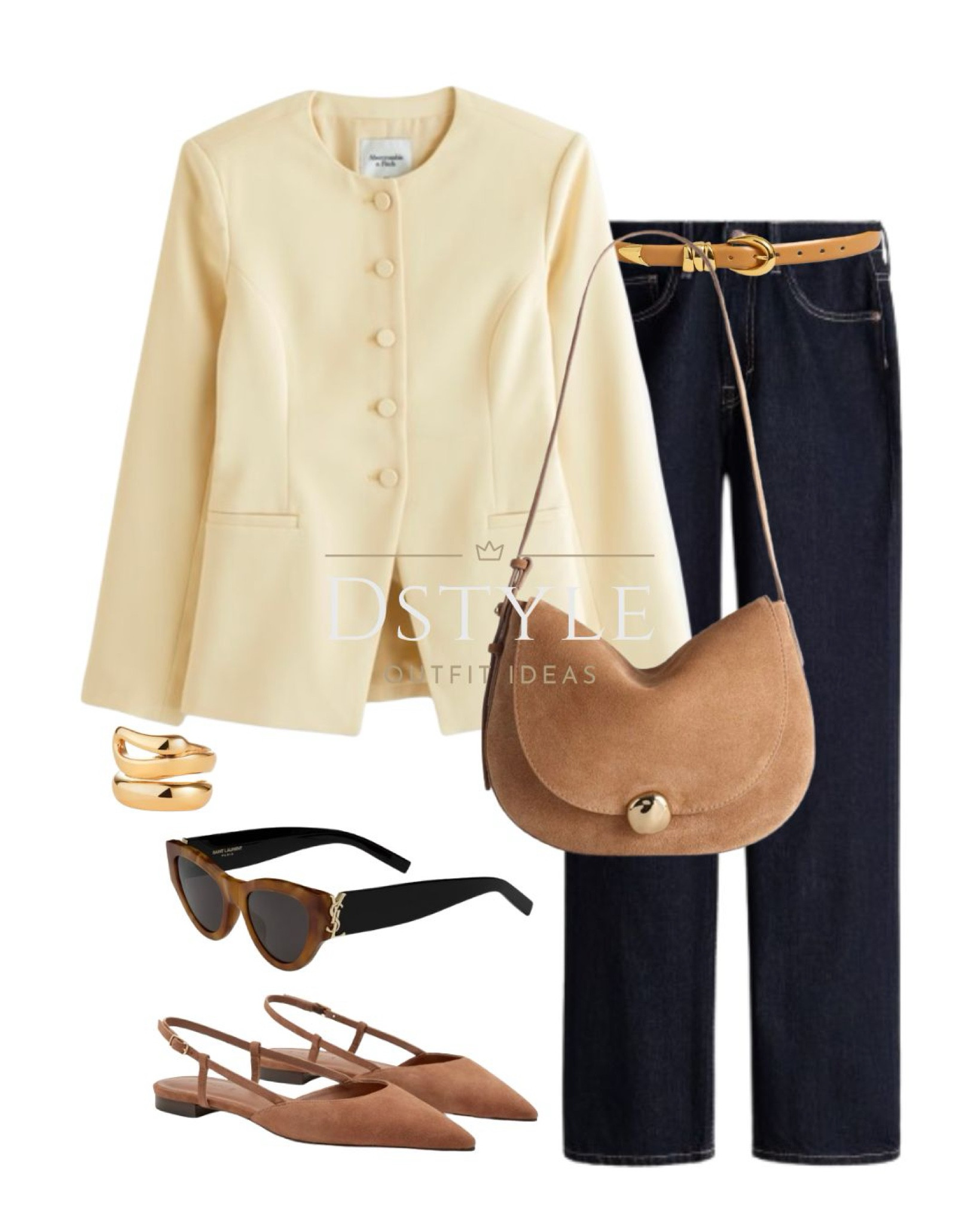 A warm, tailored look: Yellow collarless suiting blazer, navy blue straight jeans, saddle suede bag in cumin, camel triple metal belt, saddle brown suede slingback, and YSL sunglasses. 

 

#LTKStyleTip #LTKWorkwear #LTKShoeCrush