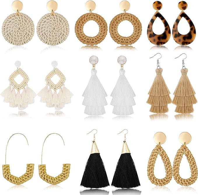 Hazms 6-12 Pair Rattan Earrings for Women Tassel Earrings Lightweight Handmade Earrings Boho Fun ... | Amazon (US)
