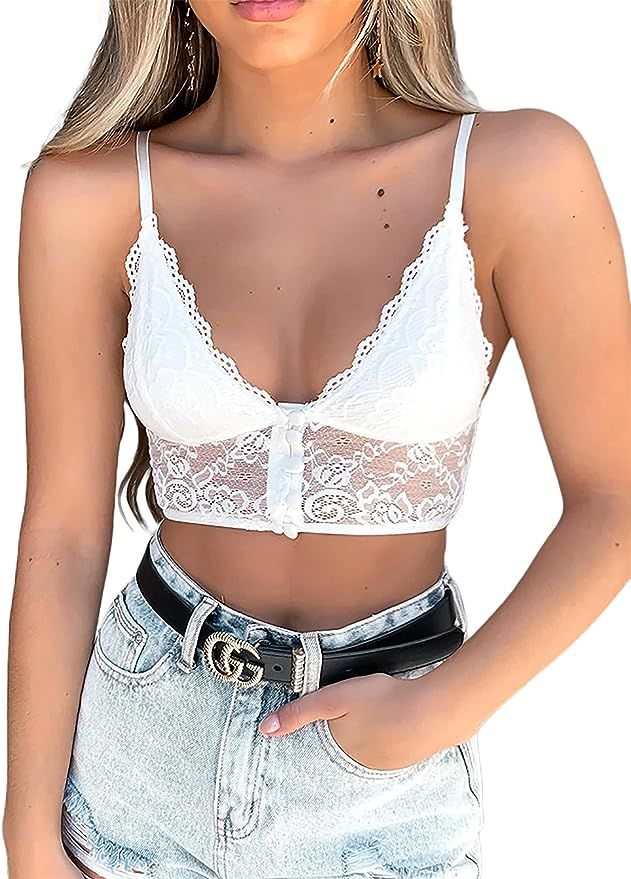 SOFIA'S CHOICE Women's Sexy Bralette Cami Crop Top Hanky Hem Lace Spaghetti Strap Camisole | Amazon (US)