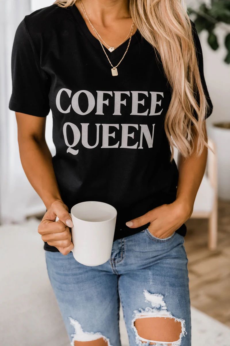 Coffee Queen V-Neck Black Graphic Tee | The Pink Lily Boutique