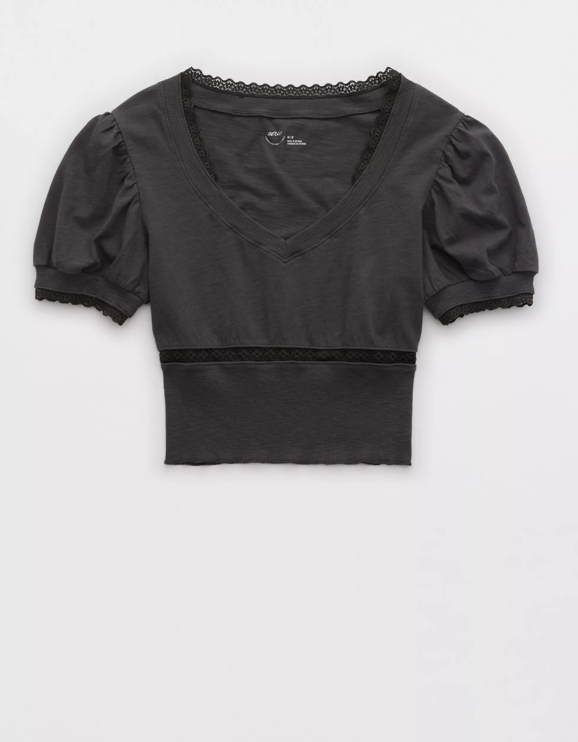 Aerie Cropped Lace Trim V-Neck T-Shirt | Aerie