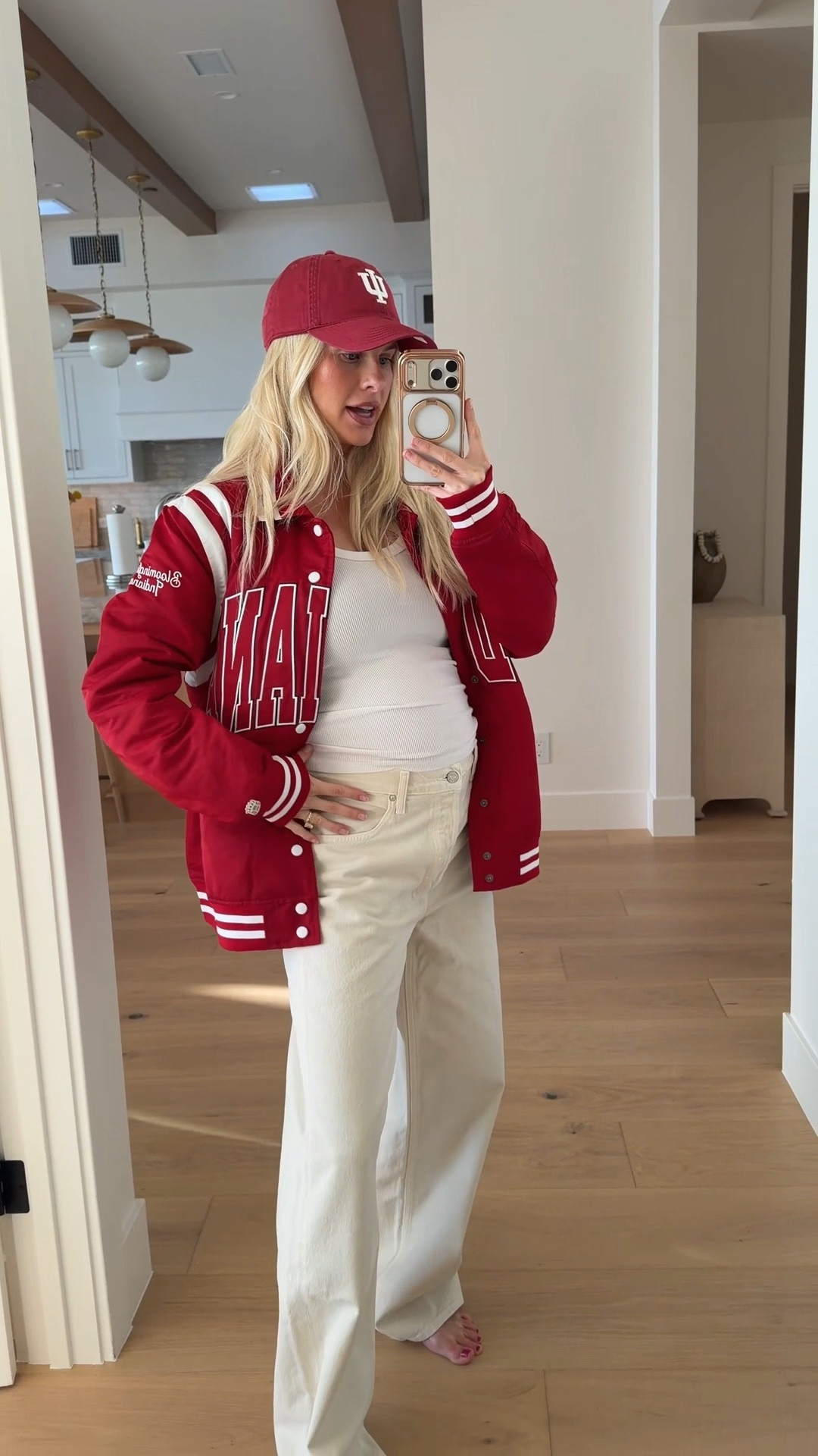 Football outfits! Size medium in red set (sized up for pregnancy), size small in leather jacket, size 27 in jeans & 30 in shorts  (sized up for pregnancy but everything is TTS)
