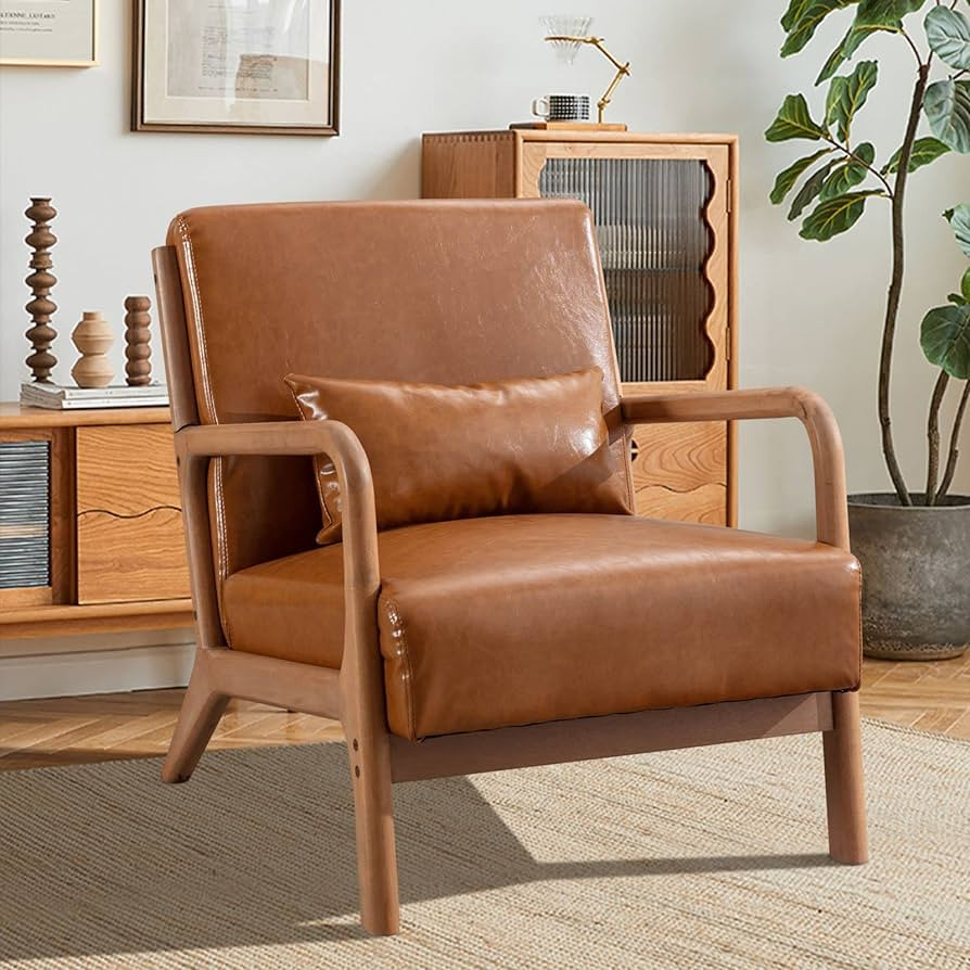 INZOY Mid Century Modern Accent Chair with Wood Frame, PU Leather Reading Armchair with Waist Cus... | Amazon (US)
