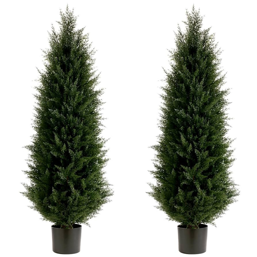 Artificial Topiary Tree Set of 2 Artificial Cedar Trees 4FT Uv Resistant Pine Potted Artificial P... | Amazon (US)