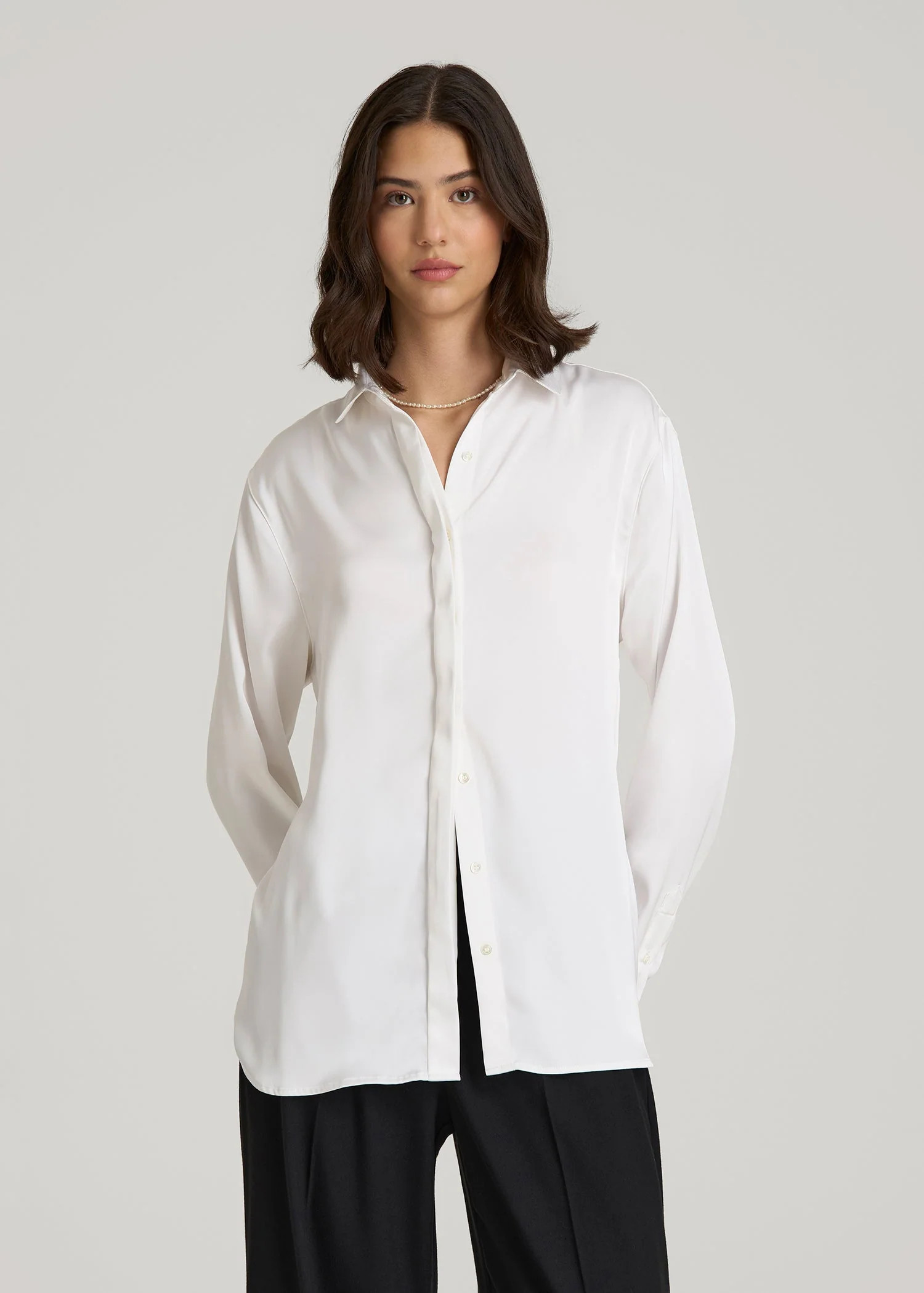 Relaxed Button-Up Blouse for Tall Women in Pearl White | American Tall