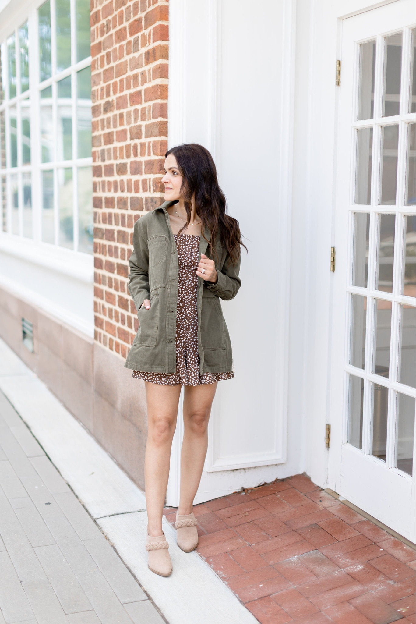 Summer to Fall transition outfit idea // polka dot romper, utility jacket, faux suede braided heeled mules 

#LTKSeasonal #LTKstyletip