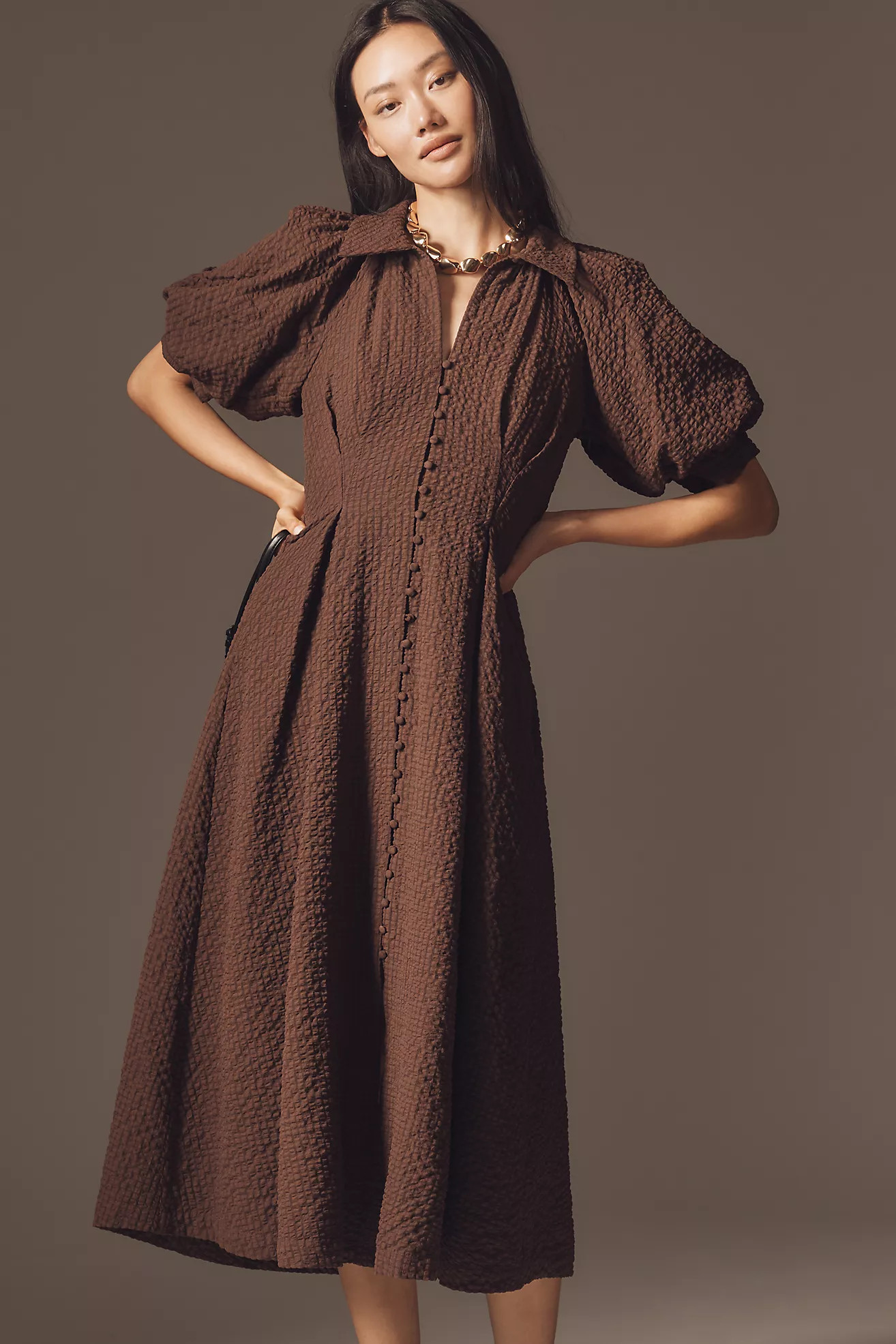 English Factory Puff-Sleeve Textured Midi Shirt Dress | Anthropologie (US)