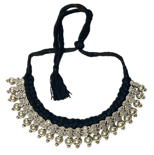 athizay Dressy Boho Statement Choker Necklace for Women ? Oxidized Silver Beaded Collar Jewelry with Adjustable Fabric Drawstring (Black, Silver) | Amazon (US)