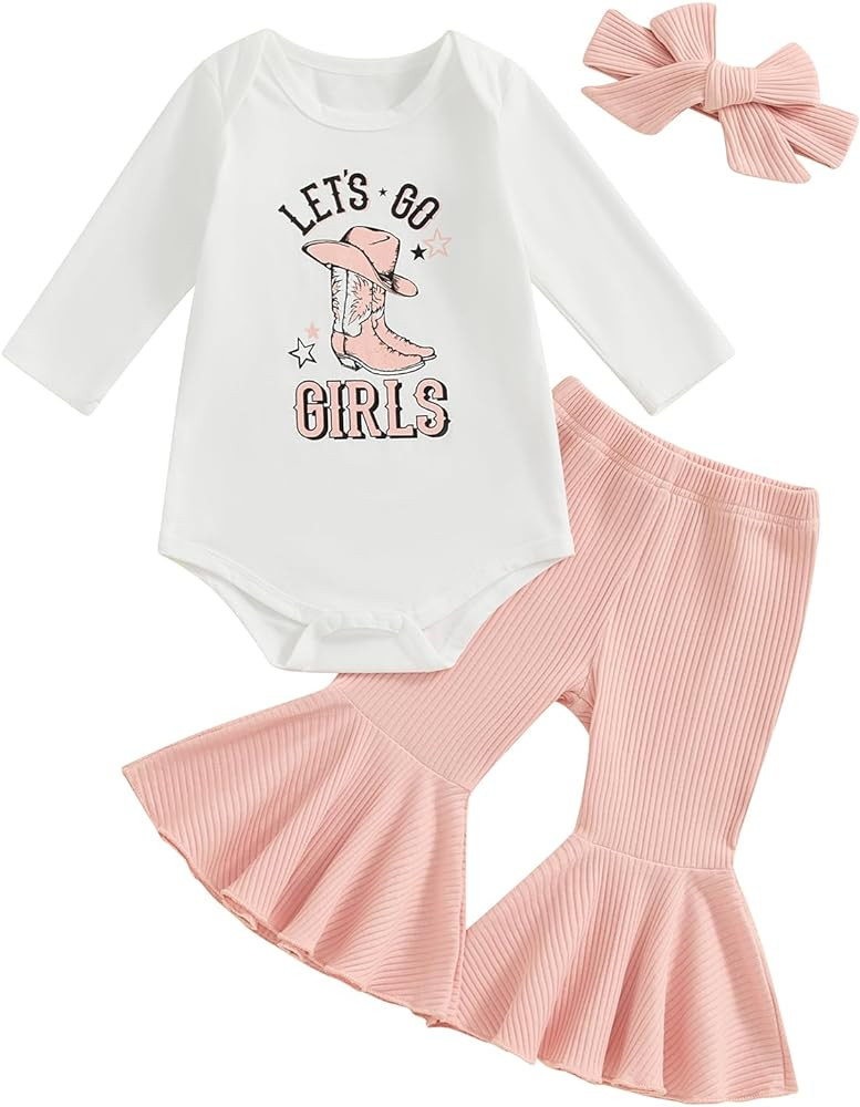 SAYOO Baby Girls Western Outfits Let's Go Girls Letter Print Retro Romper Ribbed Flared Pants Cow... | Amazon (US)