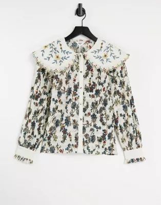 Object plisse shirt in pattern with embroidered collar | ASOS (Global)