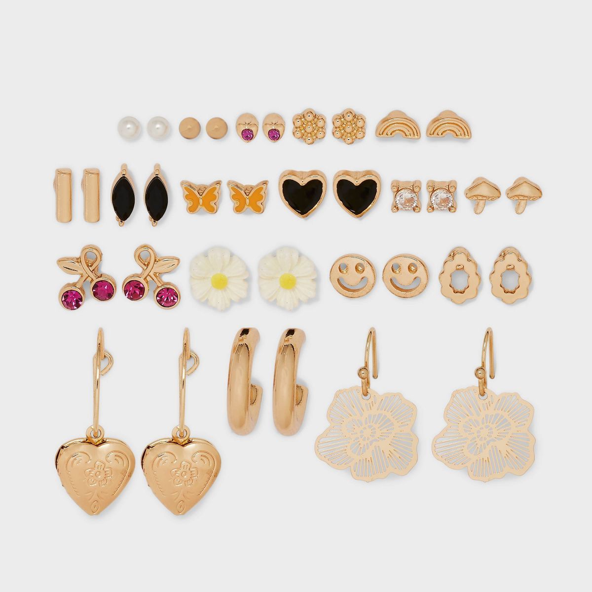 Cherry Heart and Floral Icon Stud Hoop Earring Set 18pc - Wild Fable™ Gold | Target