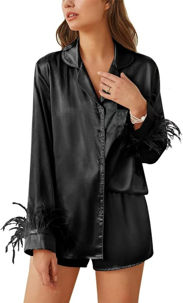 Ekouaer Women's Bridal Feather Trim Silk Satin Pajama Set Long Sleeve Lounge Sets Sleepwear (Remo... | Amazon (US)