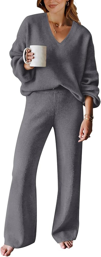 ANRABESS Women 2 Piece Outfits Sweater Lounge Sets Long Sleeve Cable Knit Pullover and Wide Leg P... | Amazon (US)