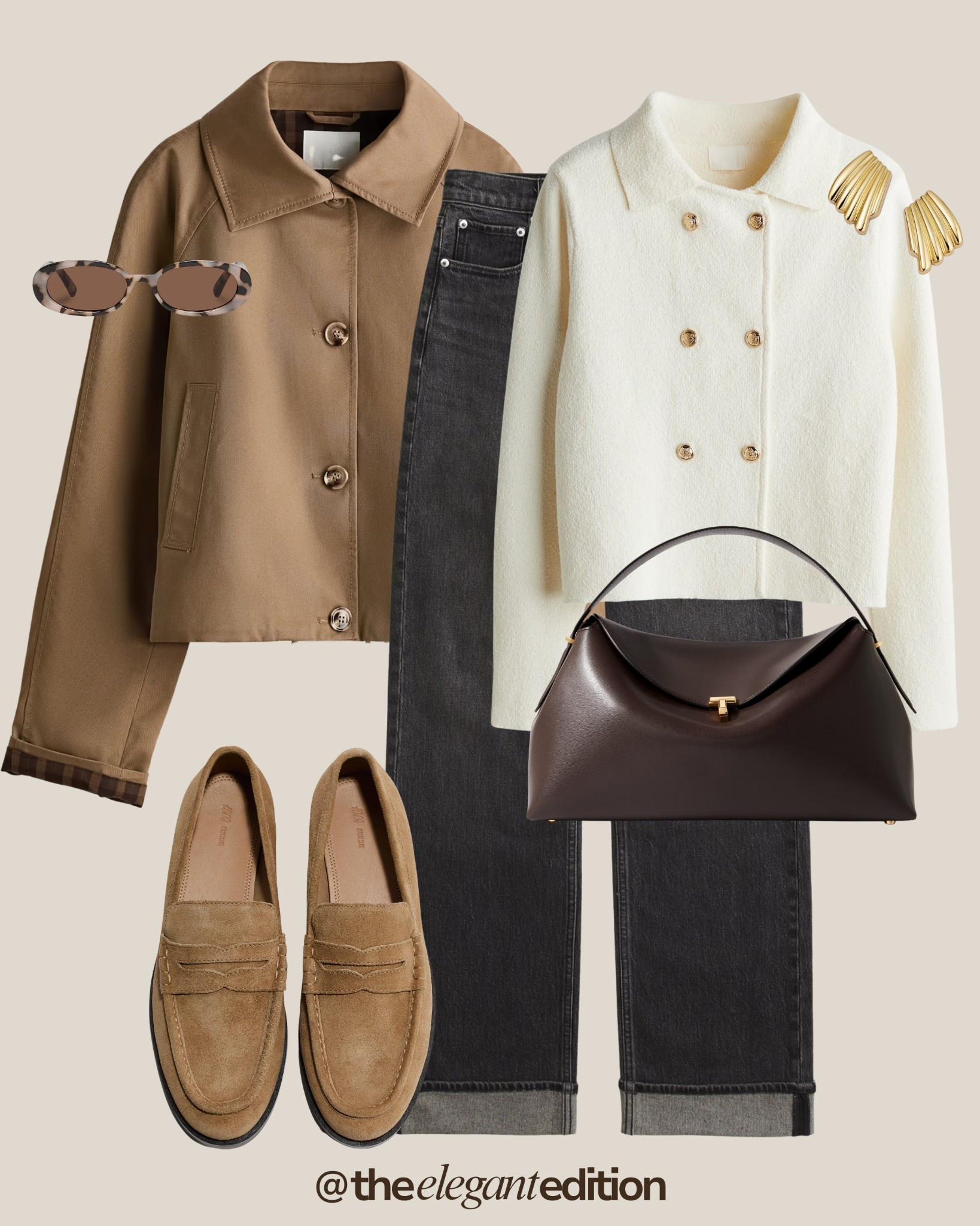 Spring Layering Outfit 🤍🤎
charcoal grey denim straight leg cuffed camel jacket cropped oversized cream tweed jacket double breasted beige suede loafers minimalist chocolate brown leather handbag curved shoulder bag sunglasses tortoise oval gold earrings chunky spring transitional layering casual chic timeless elegant neutral color palette capsule wardrobe
#LTKspring #LTKstyletip #LTKeurope

#LTKeurope #LTKstyletip #LTKspring