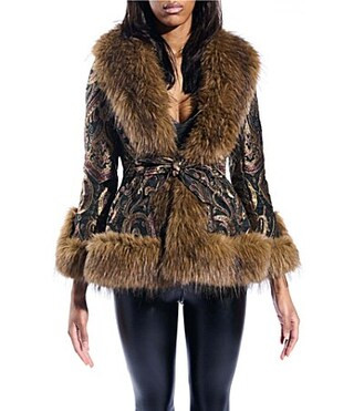 Azalea Wang Kenzy Jacquard Peplum Faux Fur Oversize Shawl Collar Belted Jacket - L | Dillard's