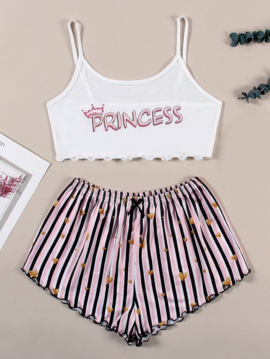 Heart And Letter Graphic Lettuce Trim Cami Pajama Set | SHEIN