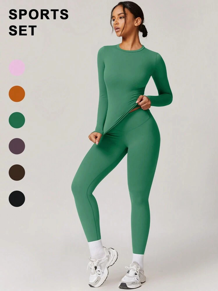 2Piece Set Women's Long Sleeves Solid Crop High Waist Biker Pants Tracksuit Set, StreetwearTracks... | SHEIN