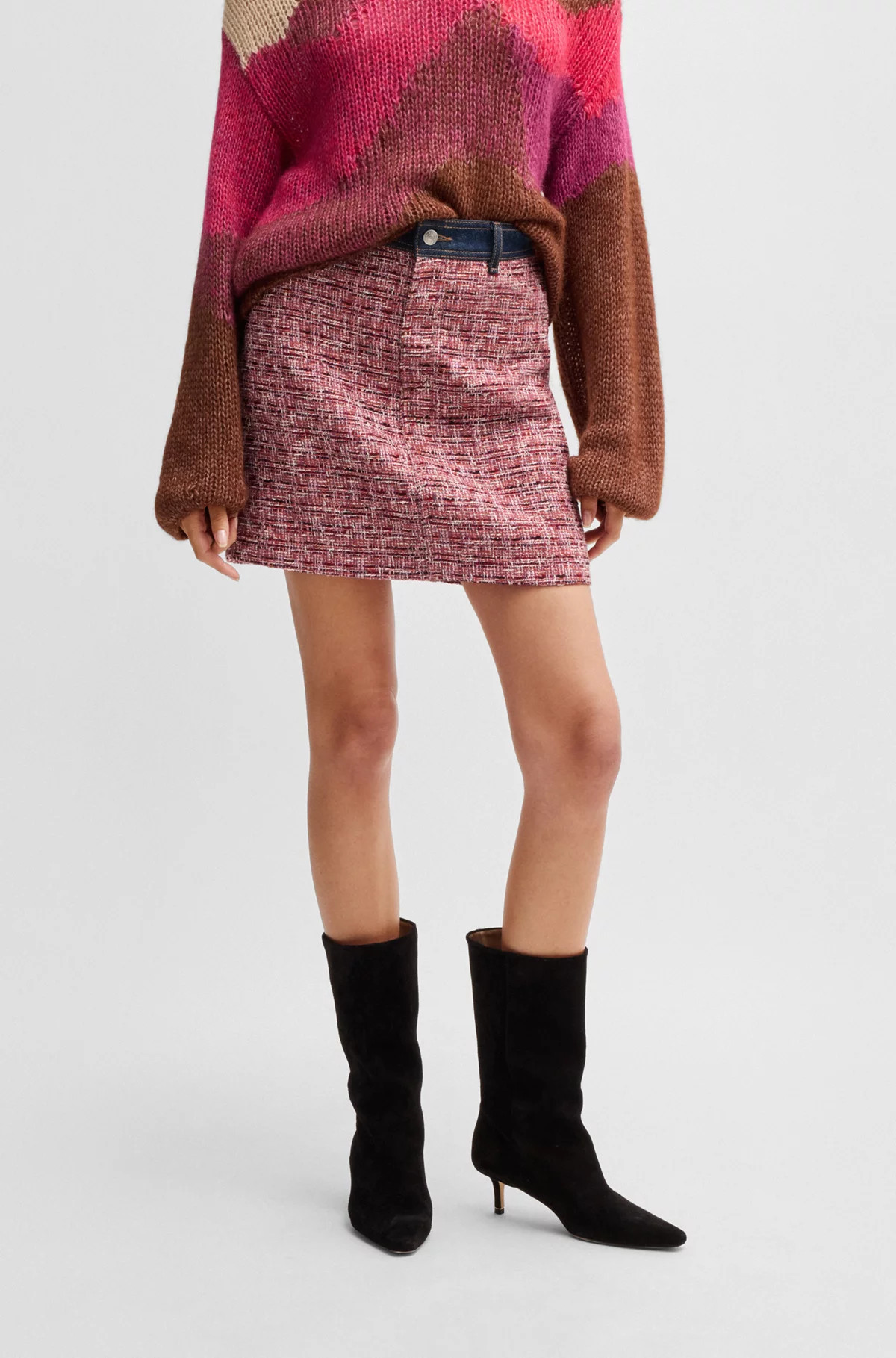 Multicolored-tweed A-line skirt with denim trims | Hugo Boss (US)