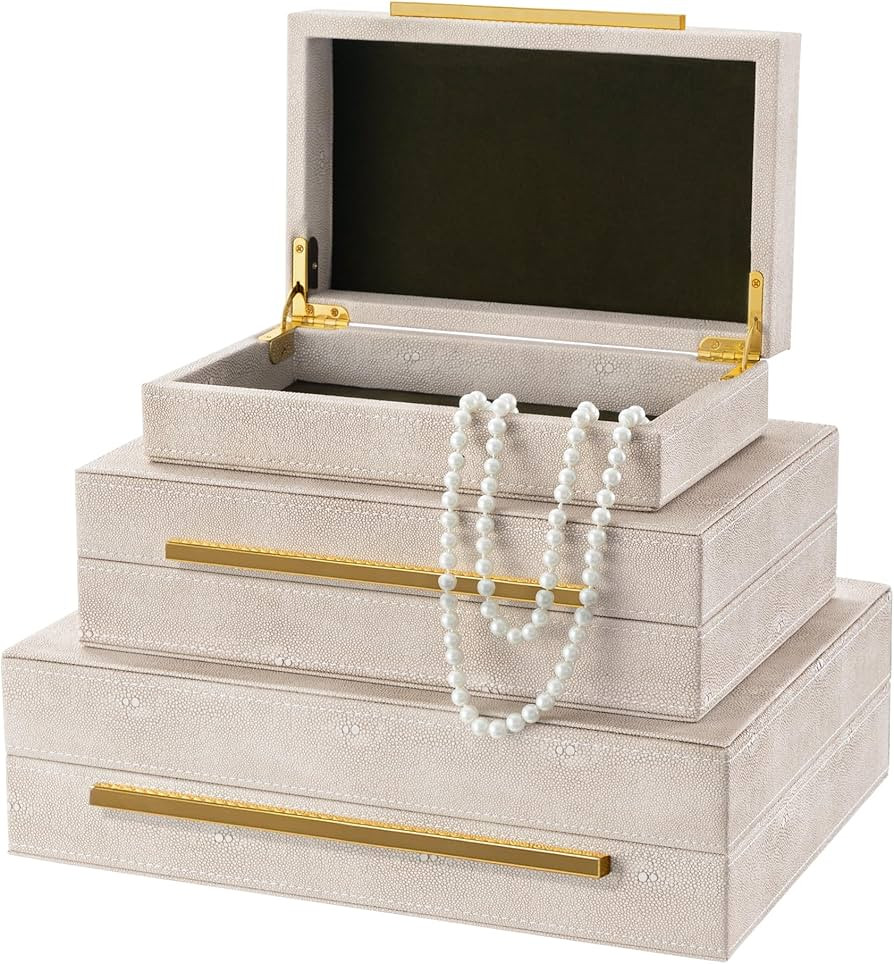 Oyydecor Set of 3 Jewelry Box, Decorative Boxes for Home Decor, Faux Ivory Shagreen Leather Jewel... | Amazon (US)