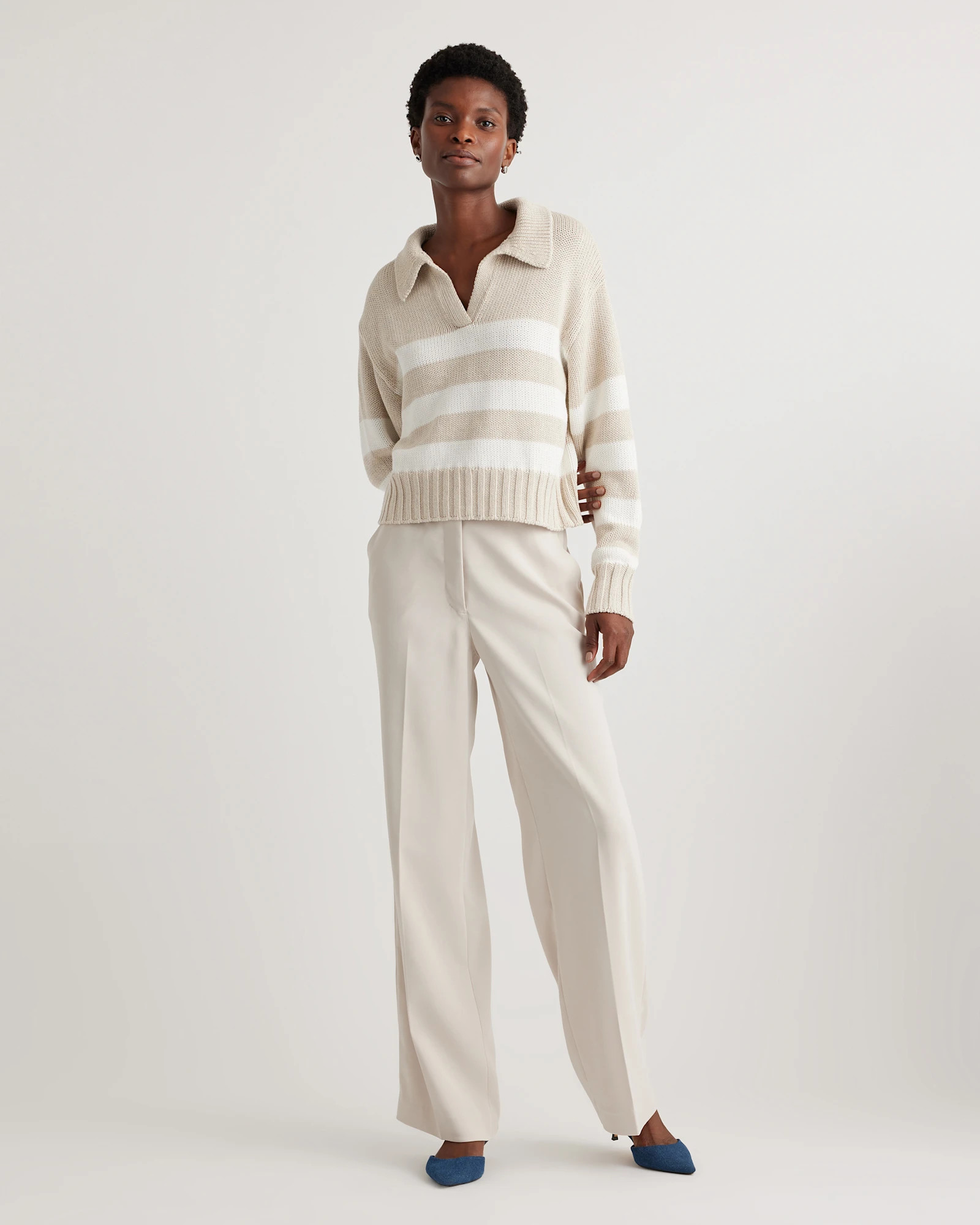 100% Organic Cropped Cotton Polo Sweater in Speckled Beige/ivory Stripe | Quince