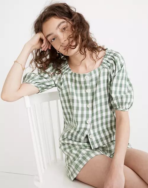 Linen-Cotton Square-Neck Button-Front Top in Gingham Check | Madewell