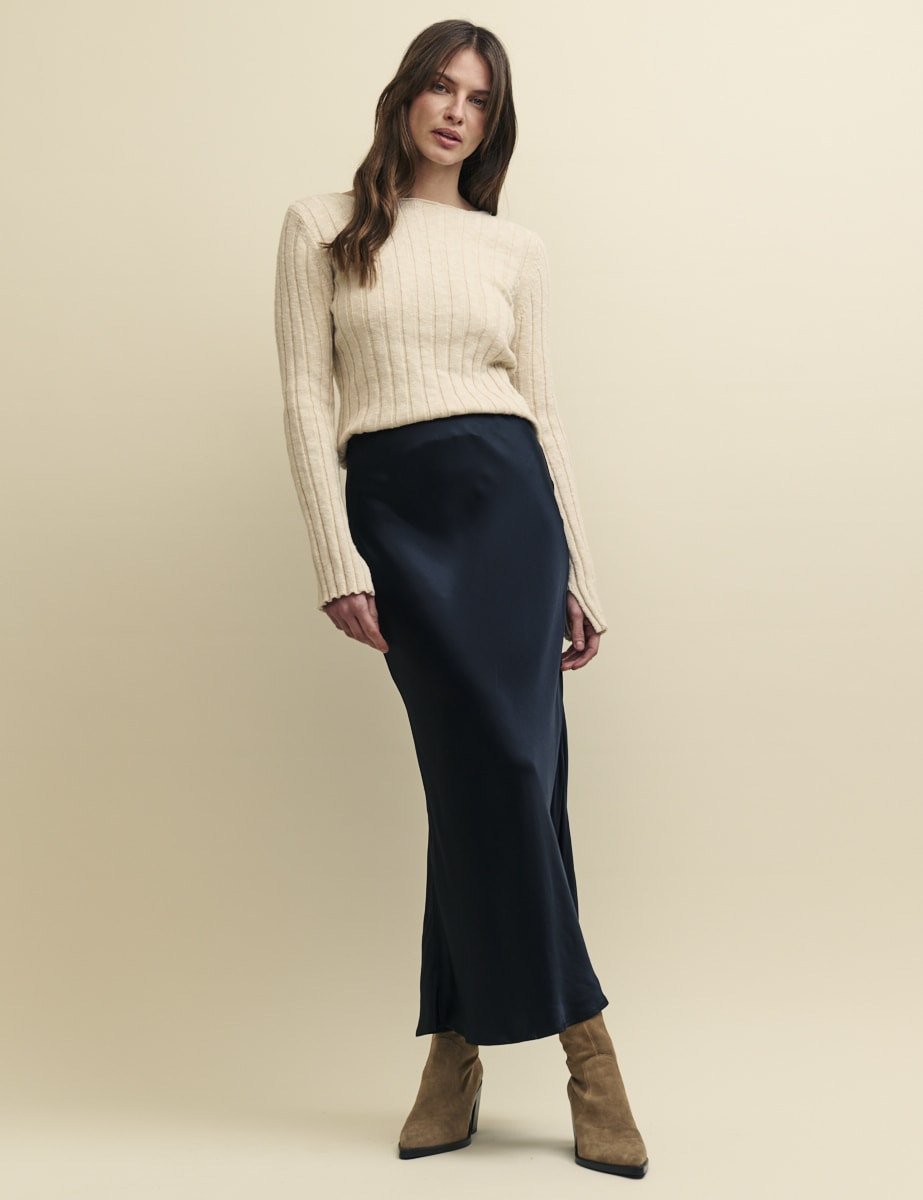 Black Mila Satin Slip Midi Skirt | Nobody's Child