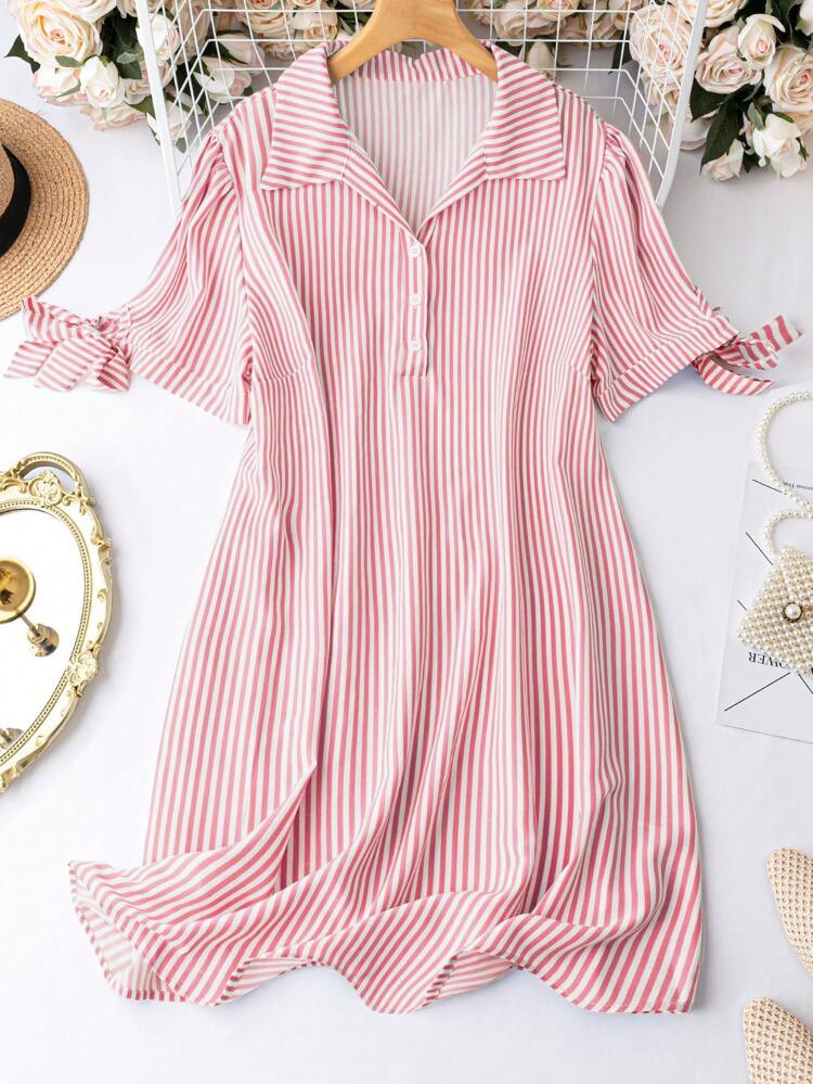 Plus Striped Print Knot Cuff Half Button Dress | SHEIN