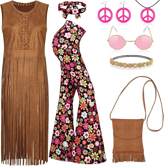 AOTHSO 8 Pcs 70s Women Hippie Costume Set Includes Fringe Vest Bag Pants Headband Necklace Earrin... | Amazon (US)