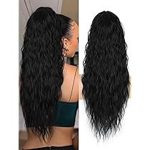 26 Inch Long Black Drawstring Ponytail Extension for Women Synthetic Long Curly Wavy Clip in Ponytail Hair Extensions for Daily Party Use (26 Inch, Black) | Amazon (US)