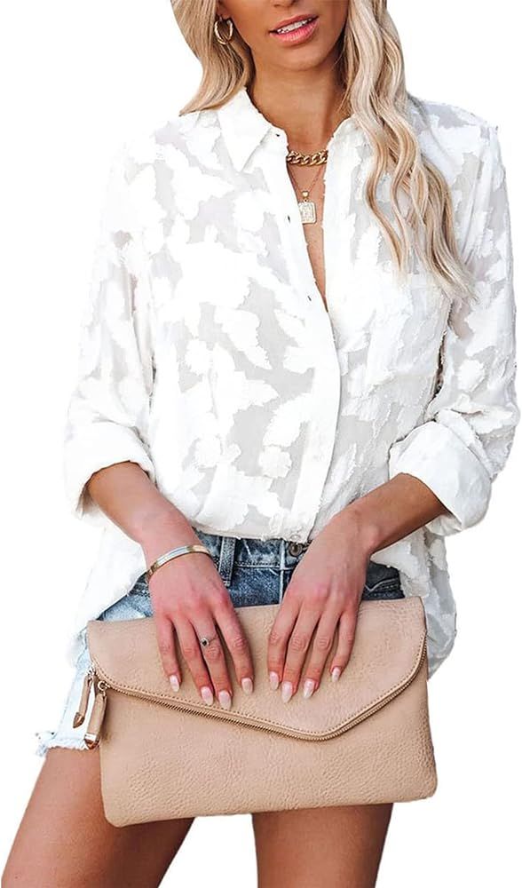 PRETTYGARDEN Women's Chiffon Blouse Solid Color Long Sleeve Button Down Elegant Jacquard Shirts T... | Amazon (US)