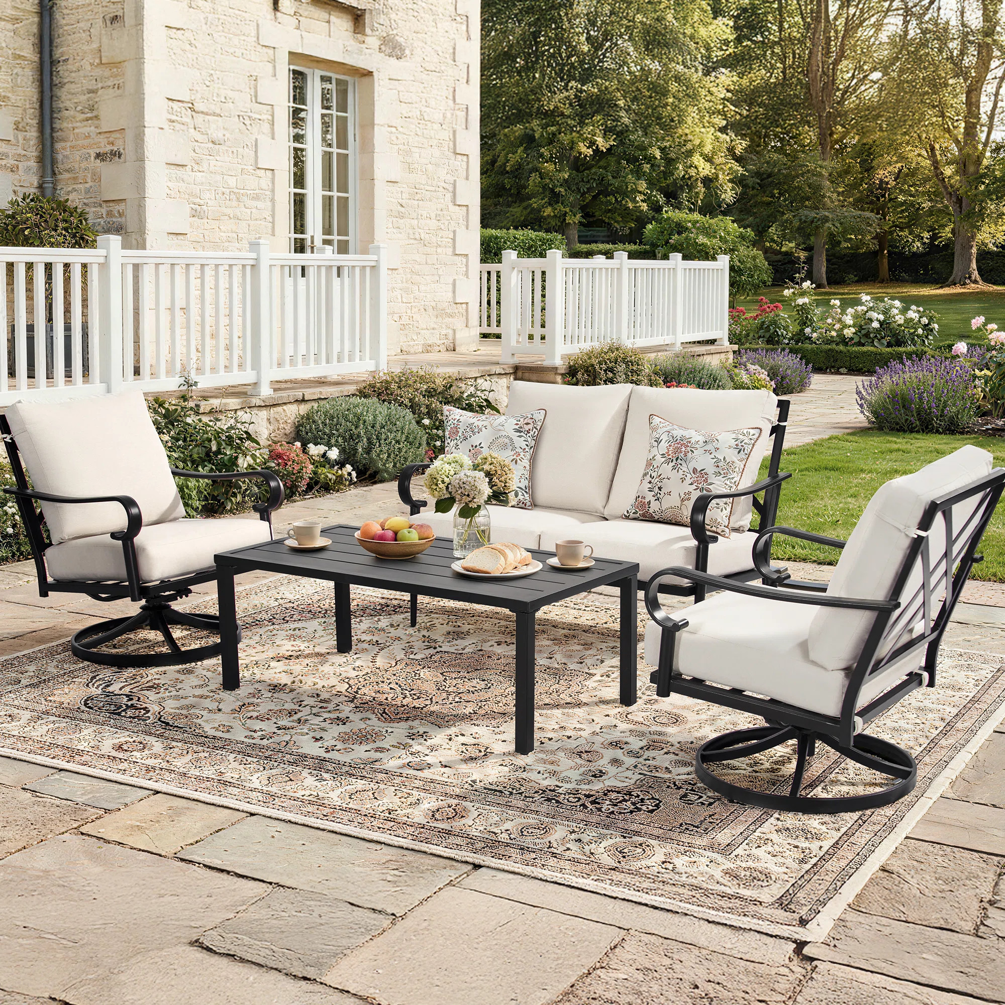 4-Piece Vintage Metal Swivel Rocker Conversation Set – Double X-Back, 5.5" Cushions, Military-G... | Wayfair North America