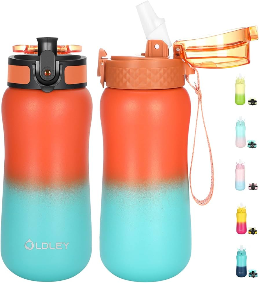 12 oz Insulated Kids Water Bottle with Straw/Chug/2 One-Click-Open Lids 10 Stickers Fruit Straine... | Amazon (US)