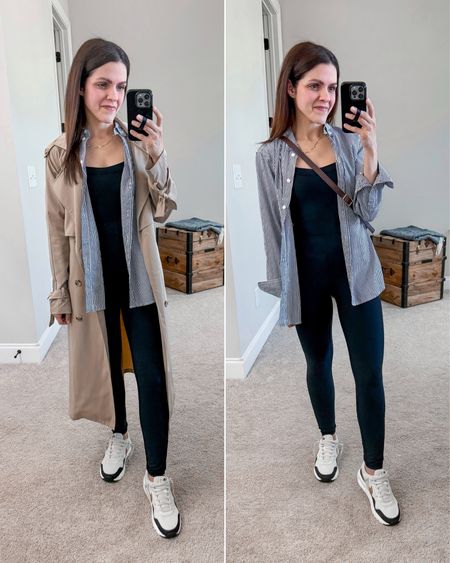 Sunday errands | onesie, stripe button up, trench coat, sling bag, sneakers 

#LTKstyletip