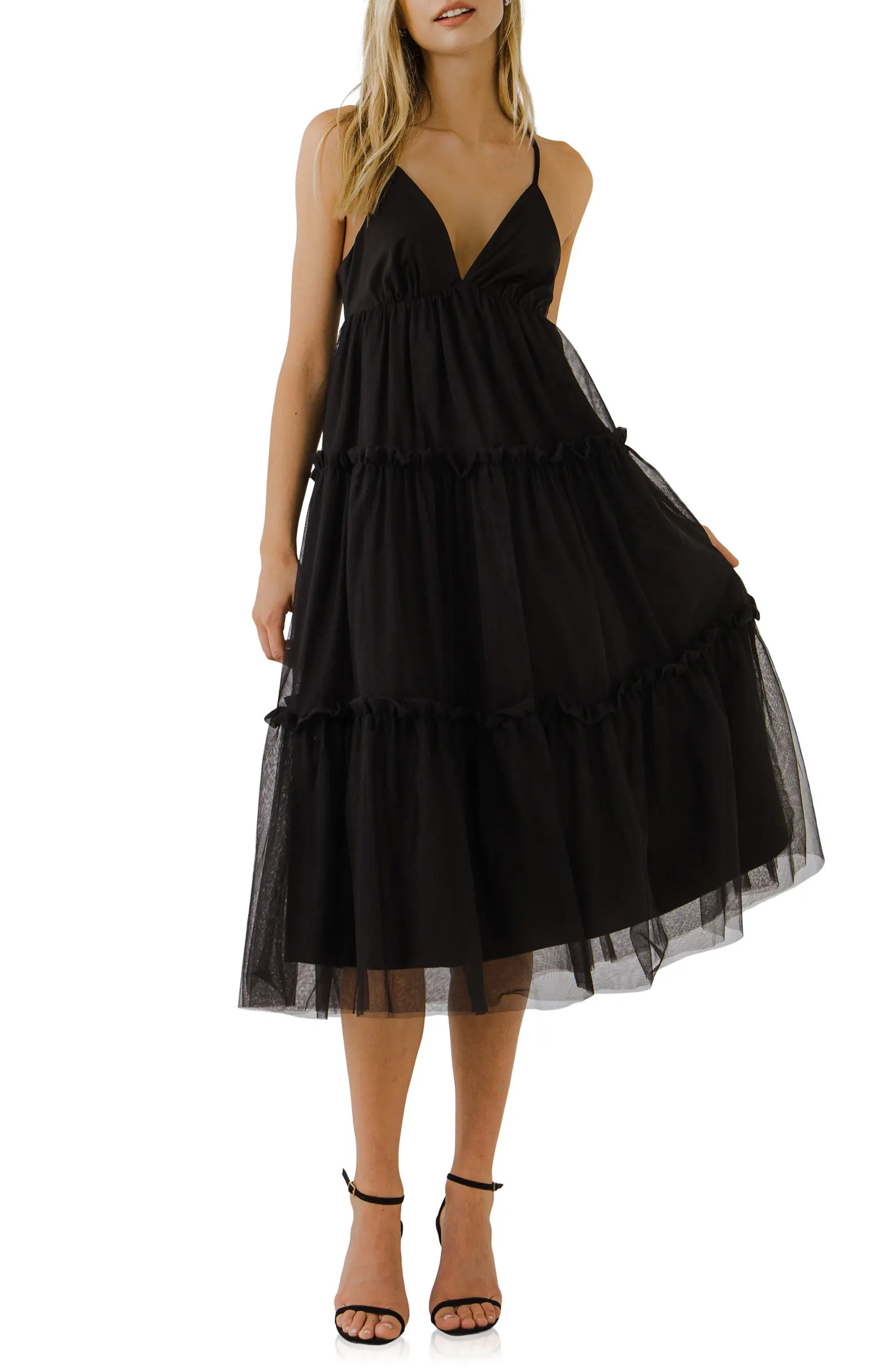 English Factory Tulle Contrast Sleeveless Midi Dress | Nordstrom | Nordstrom