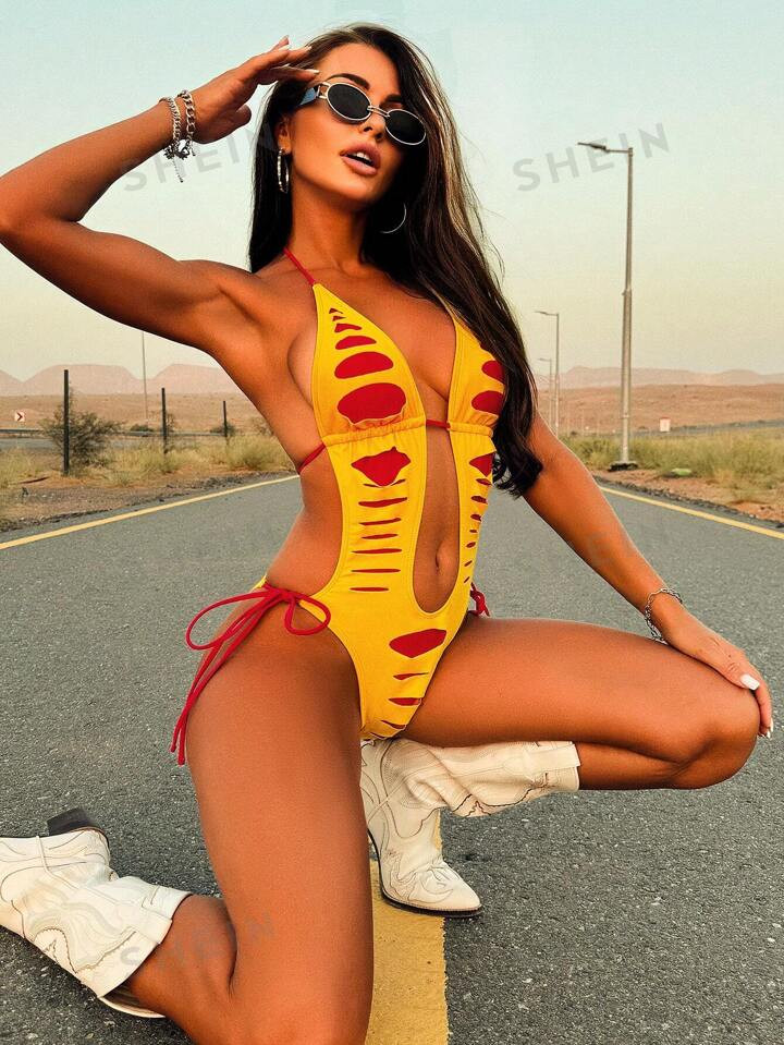 SHEIN Swim Halter met kleurblokken voor dames, uit één stuk, minimalistische stijl voor dagelij... | SHEIN