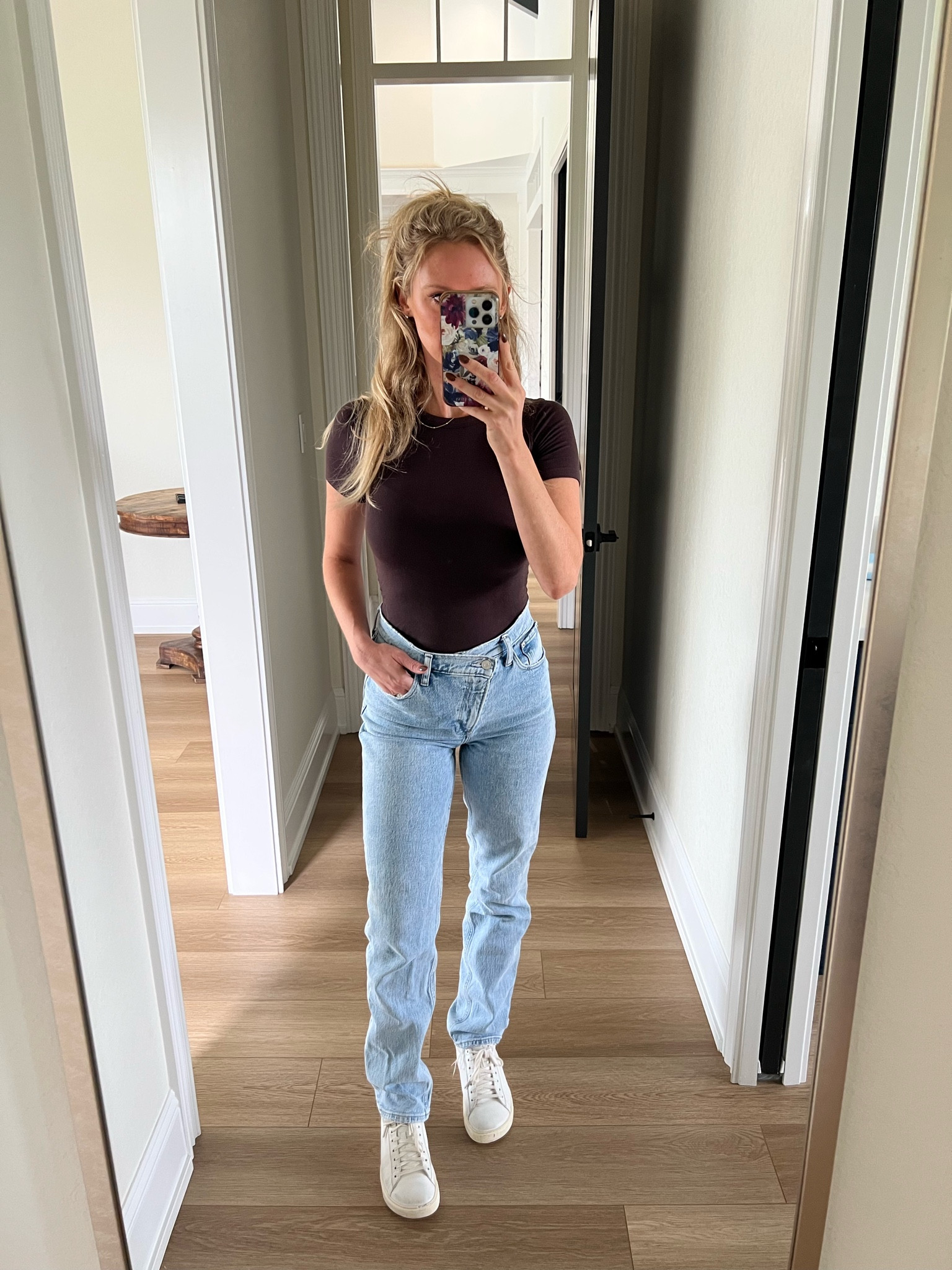 Comfy casual shirt, jeans, Birkenstock shoes 