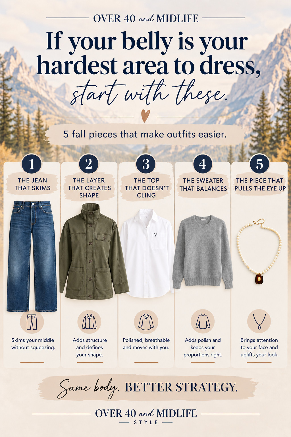 ✨Tap the bell, save and ❤️ start here 40 fashion, midlife style, midsize fashion and luxury looks for less. 

If your belly is the hardest part of getting dressed, you don’t need a whole new fall wardrobe. You need better pieces doing the right jobs. 🤎

These are the 5 I’d start with:

👖 Jeans that skim instead of squeeze
🫒 A structured layer that creates shape
🤍 A crisp button down that doesn’t cling
🩶 A simple sweater that balances your proportions
✨ A necklace that pulls the eye up

That’s Outfit Physics™: LIFT • SKIM • BALANCE.

Same body. Better strategy.

And if I were starting my fall closet over? I’d buy the jeans first.

👑 Helping you look good, feel good! — Lindsey Denver 🤍 Check back daily for belly-friendly style, confidence, and Outfit Physics.

#LTKOver40 #LTKMidsize #LTKPlusSize