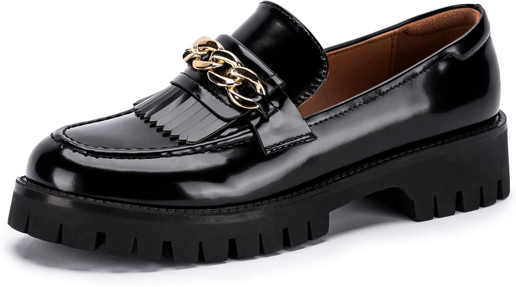 Bybmorto Black Platform Loafers for Women - Chunky Heel Slip On Penny Loafers with Chain and Tass... | Amazon (US)