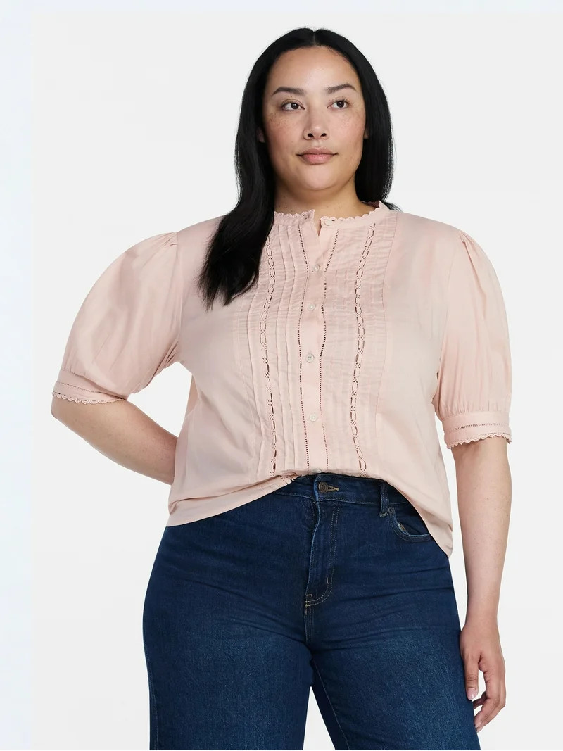 Time and Tru Women's and Women's Plus Cotton Lace Inset Blouse with Elbow Length Sleeves, Sizes X... | Walmart (US)