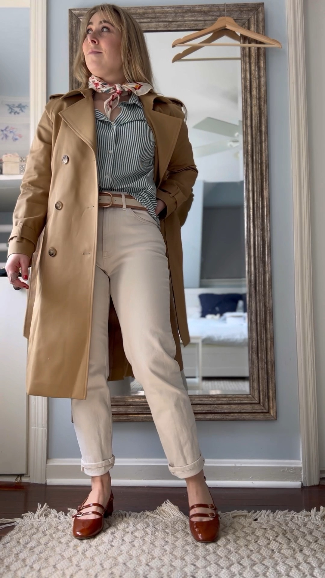 Spring outfit w/green striped button down from Vineyard Vines, ecru straight denim from Everlane, & the most timeless trench coat from Sezane. I linked to exact pieces, as well as looks for less! #LTKshoecrush #LTKSpringSale

#LTKSeasonal