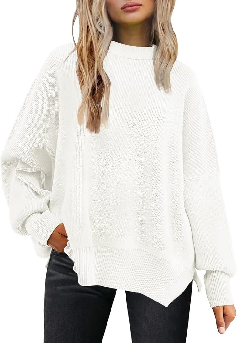 EFAN Women's Crewneck Oversized Sweaters Batwing Sleeve Side Slit Ribbed Knit Pullover Sweater | Amazon (US)