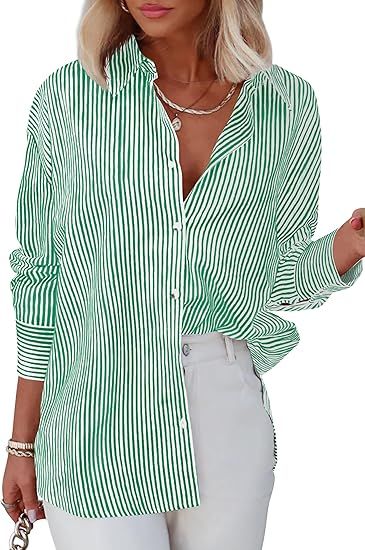 Diosun Womens Striped Button Down Shirts Classic Long Sleeve Stylish Collared Office Work Blouses... | Amazon (US)