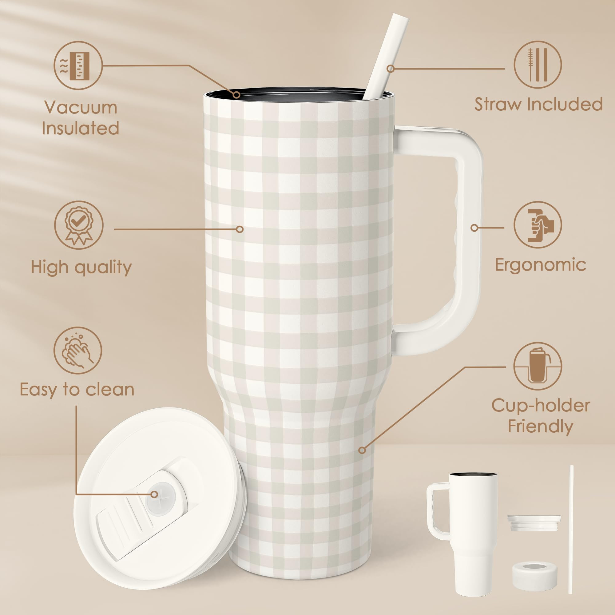 Grey Gingham 40oz Slider Tumbler with Handle and Straw - Insulated Stainless Steel Travel Coffee ... | Amazon (US)