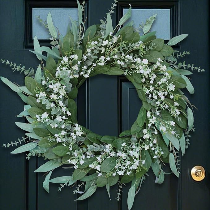 26'' Eucalyptus and Babys Breath Flowers Wreath for Front Door - Large Artificial Greenery Outdoo... | Amazon (US)